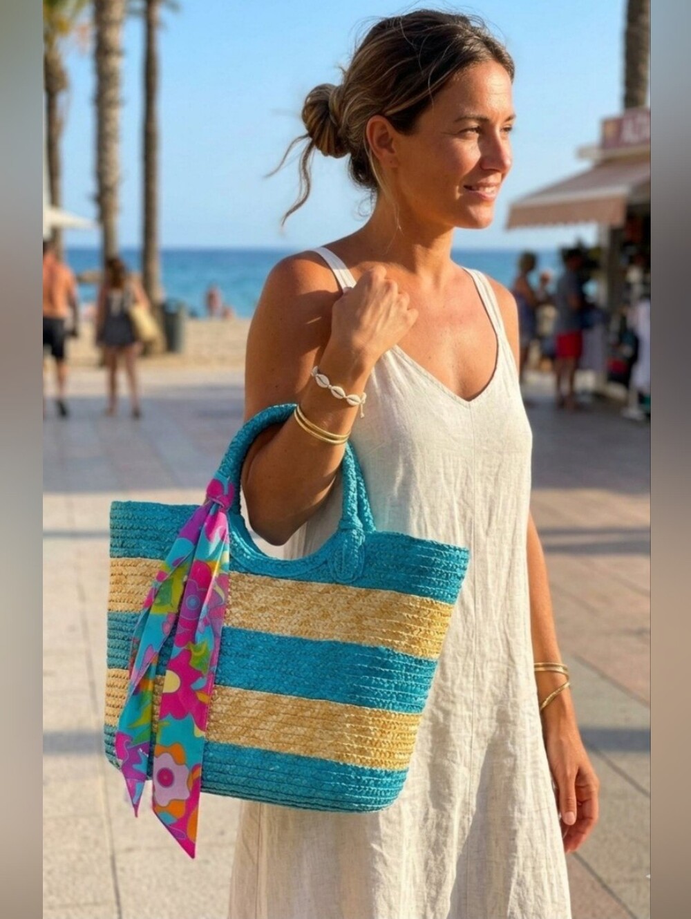 Ralph Lauren Straw Raffia Beach Pool Travel Bag Purse Blue Striped Lined Scarf